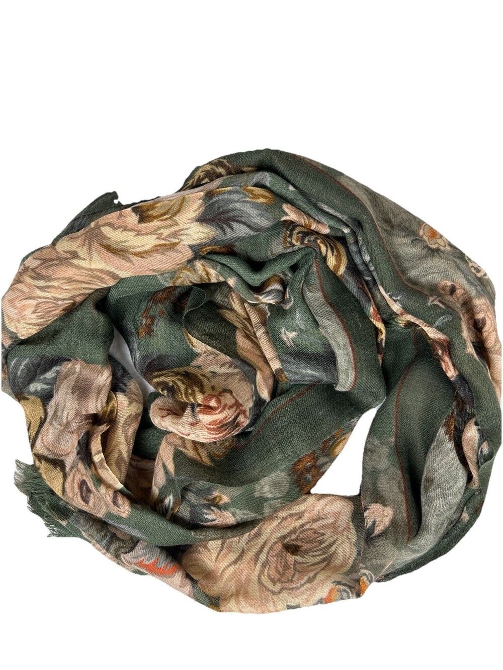 Dolma lightweight wool blend floral shawl roses cottagecore 29 In X 72 in fringe